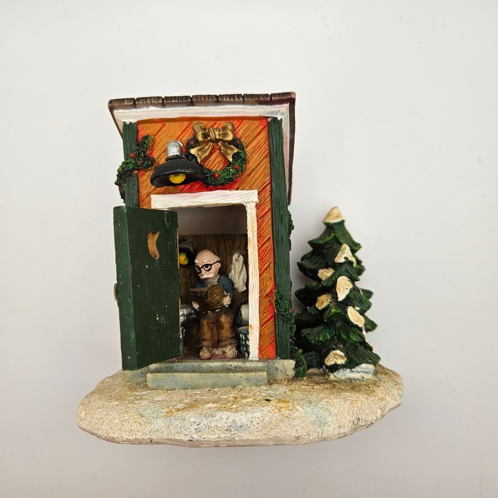 Vintage Christmas‎ Outhouse Scene Miniature Figurine Old Man Reading Newspaper